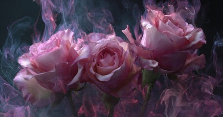 Pink roses enveloped in swirling smoke