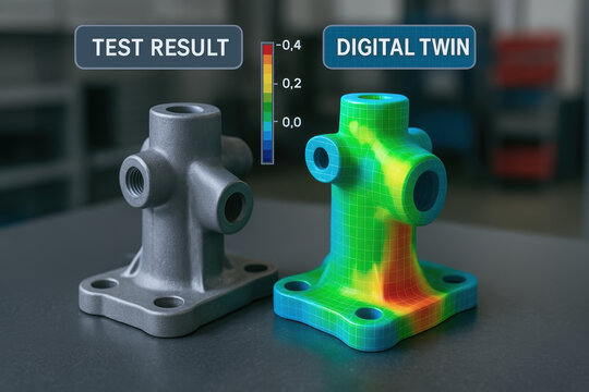 Test result and digital twin comparison in industry with color scale analysis for engineering and manufacturing process improvement