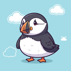 Naklejka premium Cute puffin standing against a light blue sky with fluffy white clouds, looking thoughtful and serene in a minimalist style.