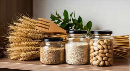 Still life arrangement featuring whole grains and nuts in glass jars alongside wheat stalks and a wooden spoon promoting healthy and sustainable living