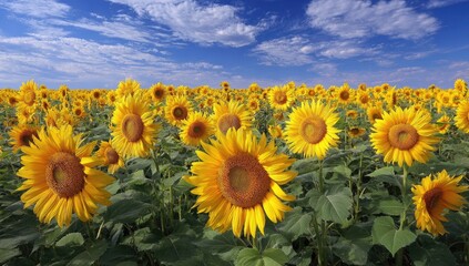 Obraz premium Sunny sunflower field under a vibrant blue sky (1)