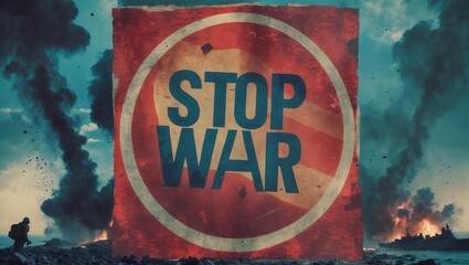 Bold Anti-War Protest Sign Against Dramatic Battlefield Smoke and Destruction Background