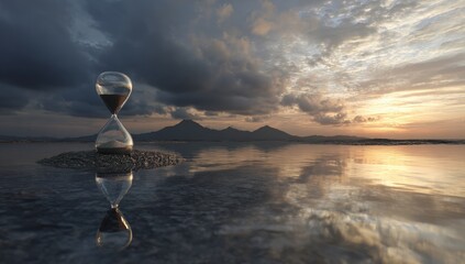 Hourglass at sunset over water