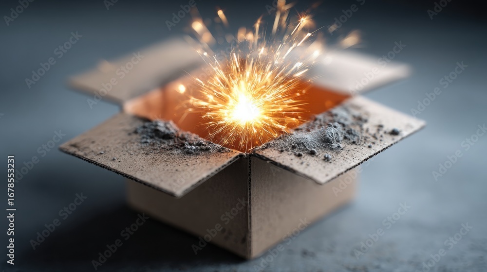 Poster box split open with spark inside illustrating the concept of surprise and excitement in gift giving 