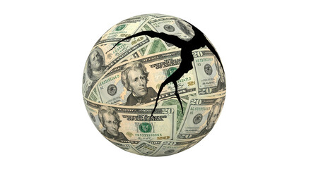 Cracked Sphere Covered in Twenty Dollar Bills Isolated Graphic for Financial Crisis
