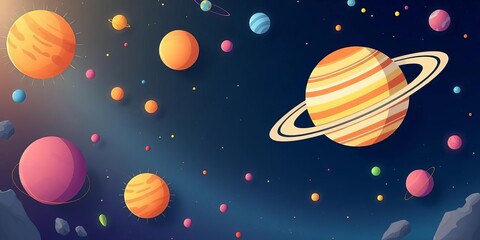 Vibrant cartoon planets, stars, asteroids, comets, and Saturn in a galaxy backdrop,  night sky,  whimsical