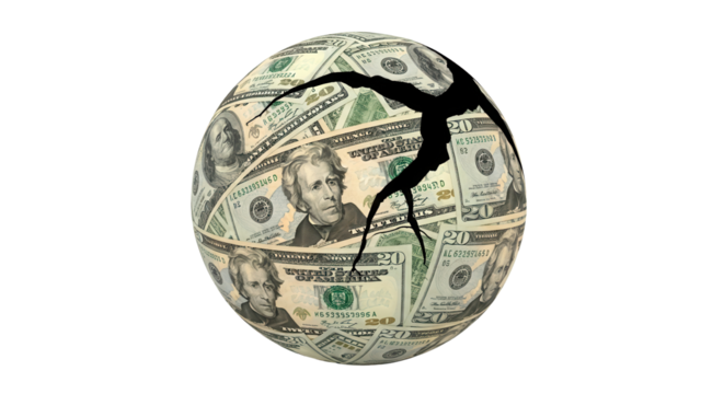 Cracked Sphere Covered in Twenty Dollar Bills Isolated Graphic for Financial Crisis