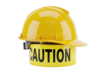 Yellow Construction Hard Hat Resting on Caution Tape Isolated on White Background