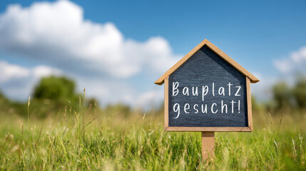 Holztafel Schild Tafel auf Wiese Grundstück mit Haus, mit deutschem Text : Bauplatz gesucht !!!