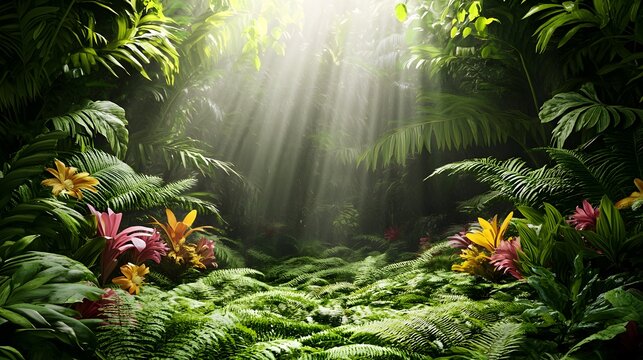 A lush rainforest floor covered in bright green ferns and exotic flowers, soft diffused light streaming from above 

