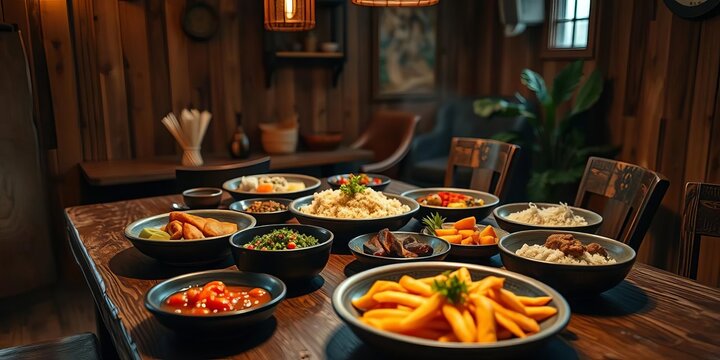 Warm lighting illuminates a rustic wooden table laden with homemade Japanese comfort food, meal, gyudon