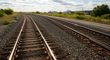 Obraz premium An elevated view of railroad tracks gracefully curving and diverging, creating a complex network of steel and wood.