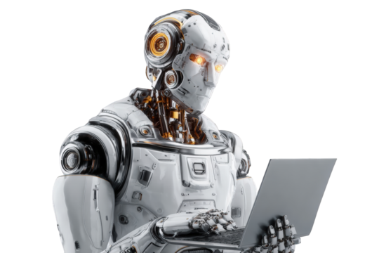 Futuristic robot working on a laptop