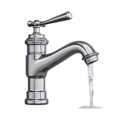 Chrome Faucet with Flowing Water metal isolated on a transparent background