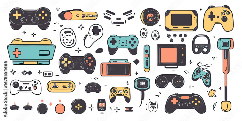 Aufkleber hand drawn video game controllers console joystick retro handheld devices collection flat minimalist