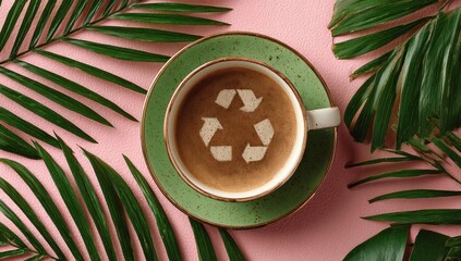 Recycled coffee in a pastel cup, surrounded by palm fronds on a pink surface