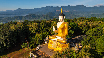 Aerial view of A golden Buddha statue surrounded by lush green trees, set against a stunning...