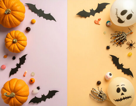 Halloween pumpkins and ghost balloons on pastel split background - Powered by Adobe