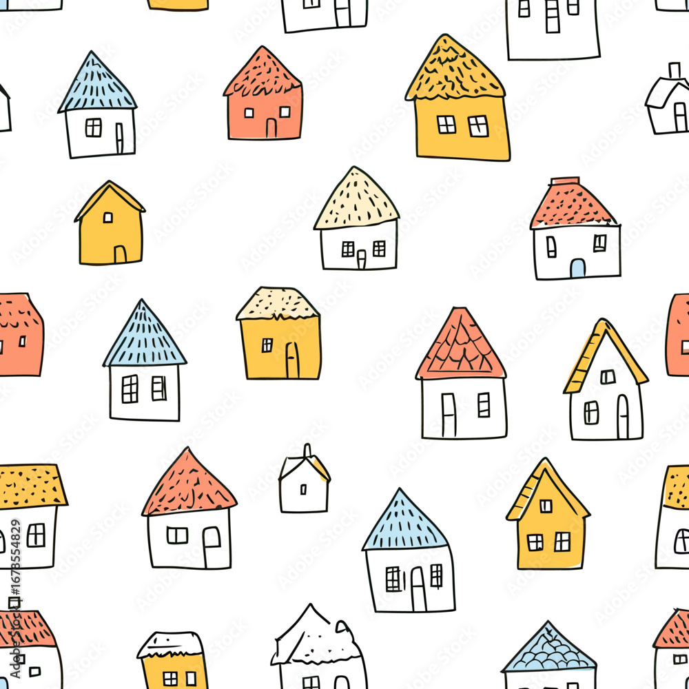 Poster Seamless doodle pattern of colorful hand drawn houses with varied roofs in minimalist flat style for texture and print background design