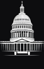 Monochrome black and white vector illustration of United States Capitol building dome and classical columns with minimalist architectural style and political theme design