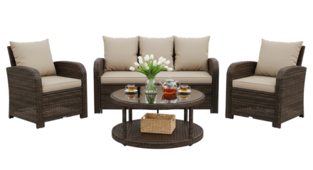 Brown Rattan Wicker Outdoor Conversation Set Product Shot Isolated on White Background