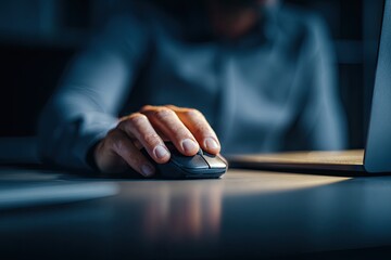 Close-up of a person's hand using a computer mouse at night