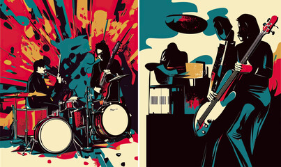Vector illustration of abstract musical band performing live with electric guitar drums bass and keyboard on colorful dynamic background for concert poster design