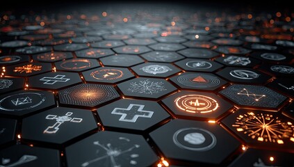 Abstract hexagonal grid with glowing icons