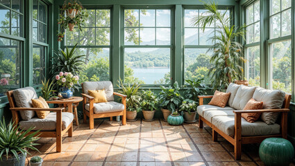 Fototapeta premium Elegant sunroom conservatory with wooden furniture, lush greenery, and panoramic water views. Perfect for luxury real estate, interior design, and lifestyle marketing campaigns.
