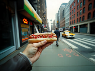 Iconic hot dog street food, hand, ketchup bun, urban cityscape, yellow taxi, crosswalk, New York vibe, daytime snack, closeup, tasty fast food, travel lifestyle