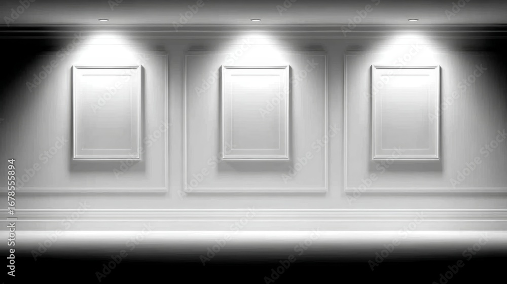 Poster elegant empty gallery wall with three frames. soft lighting highlights the clean design. ideal for s