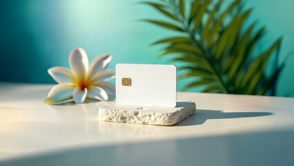 Blank credit card mockup, EMV chip, white card, stone pedestal, tropical background, plumeria flower, palm leaves, sunlight bokeh, design template, fintech, banking, copy space