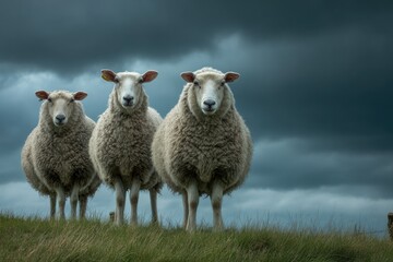 Fototapeta premium Three sheep stand facing forward on a grassy hill against a stormy sky