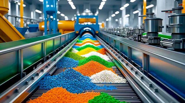 Industrial conveyor belt transporting colorful plastic granules in modern factory production and recycling facility
