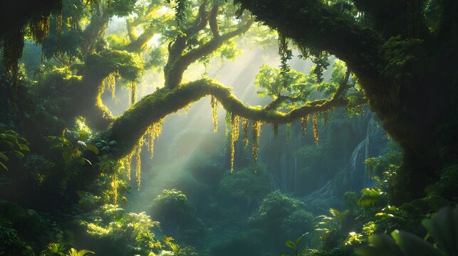 A lush rainforest landscape with moss-covered trees, hanging vines, and sunlight filtering through dense canopy
- Powered by Adobe