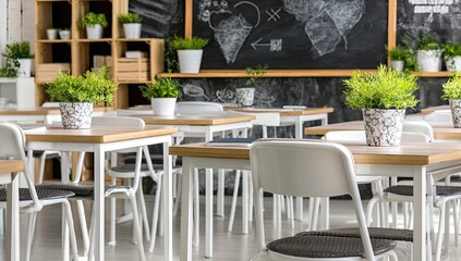 Modern classroom with light-wood tables and white chairs, plants, and chalkboard