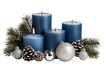 Blue Advent Candles with Silver Christmas Ornaments isolated on a transparent background