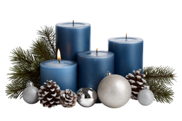 Blue Advent Candles with Silver Christmas Ornaments isolated on a transparent background