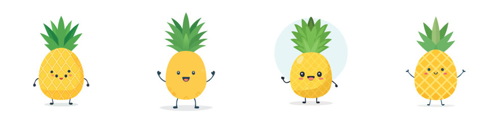 Pineapple vector set of cute cartoon-style characters with arms, legs, and expressive faces.