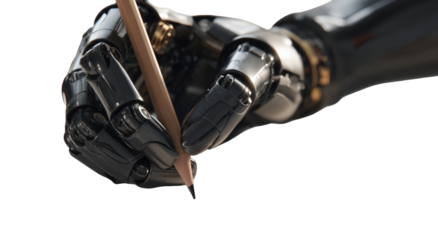 Close-up of a metallic robot arm holding a pencil