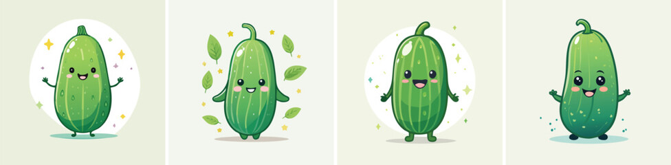 Cucumber vector set of cute cartoon-style characters with arms, legs, and expressive faces.