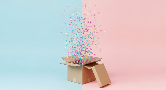 Surprise explosion of colorful confetti from a brown cardboard box with a pastel pink and blue background ideal for celebration themes and gender reveal parties conveying a feeling of joy