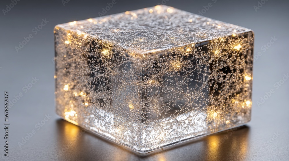 Poster glowing cube with lights symbolizing core values and unique offers illuminating a conceptual gift ic