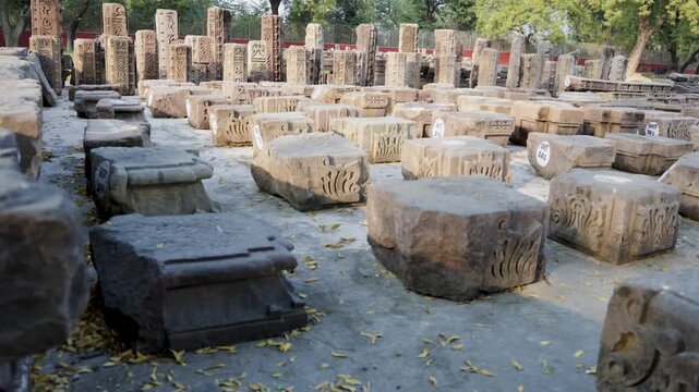 buddhist archaeological site sarnath with excavated stone remains in day video is taken at Sarnath near Varanasi, India.