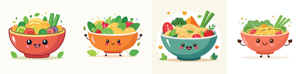 Veggie Stir Fry vector set of cute cartoon-style characters with arms, legs, and expressive faces.