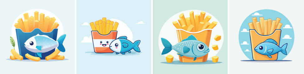 Fish and Chips vector set of cute cartoon-style characters with arms, legs, and expressive faces.
