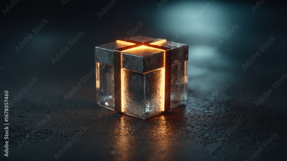 Poster candlelit cube as a gift icon representing unique offers and core values illuminating a conceptual d