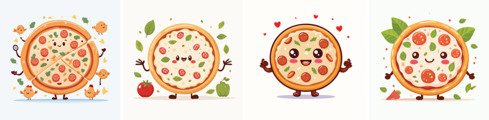 BBQ Chicken Pizza vector set of cute cartoon-style characters with arms, legs, and expressive faces.