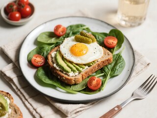Whole-grain toast with avocado. Egg, light cheese, pickles, cherry tomatoes. Served on a bed of fresh spinach