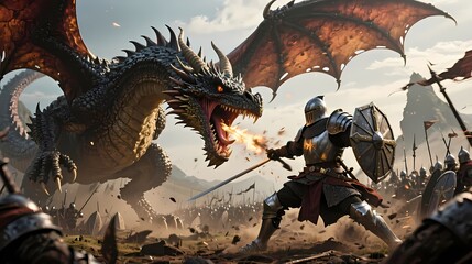 Giant dragon fighting knight medieval battlefield cinematic action pose epic fantasy atmosphere ultra-detailed